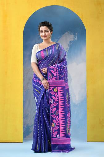 Blue Jamdani Cotton Handloom Saree Sunflower Design Jamdani Saree Without Blouse