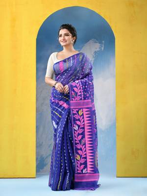 Blue Jamdani Cotton Handloom Saree Sunflower Design Jamdani Saree Without Blouse 2