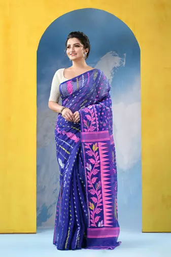 Blue Jamdani Cotton Handloom Saree Sunflower Design Jamdani Saree Without Blouse