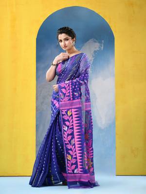 Blue Jamdani Cotton Handloom Saree Sunflower Design Jamdani Saree Without Blouse 3