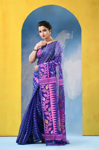 Blue Jamdani Cotton Handloom Saree Sunflower Design Jamdani Saree Without Blouse
