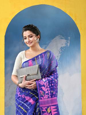 Blue Jamdani Cotton Handloom Saree Sunflower Design Jamdani Saree Without Blouse 4