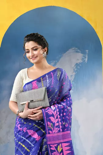 Blue Jamdani Cotton Handloom Saree Sunflower Design Jamdani Saree Without Blouse