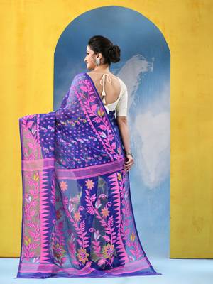 Blue Jamdani Cotton Handloom Saree Sunflower Design Jamdani Saree Without Blouse 5