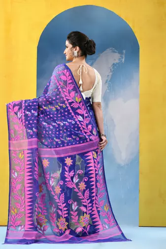 Blue Jamdani Cotton Handloom Saree Sunflower Design Jamdani Saree Without Blouse