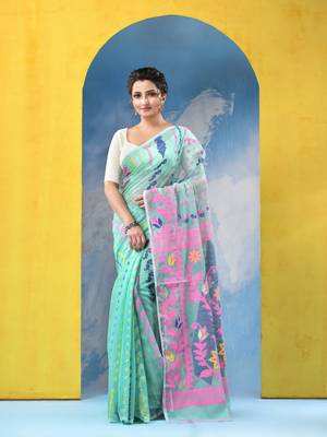 Green Resham Dhakai Jamdani Cotton Handloom Saree Sunflower Design Jamdani Saree Without Blouse 1