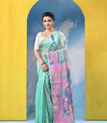 Green Resham Dhakai Jamdani Cotton Handloom Saree Sunflower Design Jamdani Saree Without Blouse
