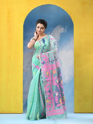Green Resham Dhakai Jamdani Cotton Handloom Saree Sunflower Design Jamdani Saree Without Blouse 2