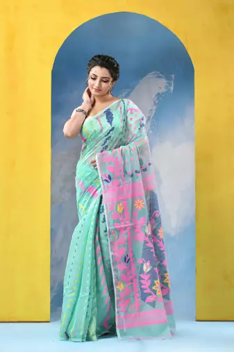Green Resham Dhakai Jamdani Cotton Handloom Saree Sunflower Design Jamdani Saree Without Blouse