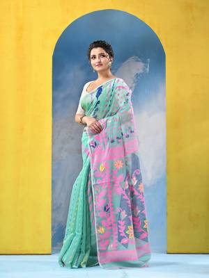 Green Resham Dhakai Jamdani Cotton Handloom Saree Sunflower Design Jamdani Saree Without Blouse 3
