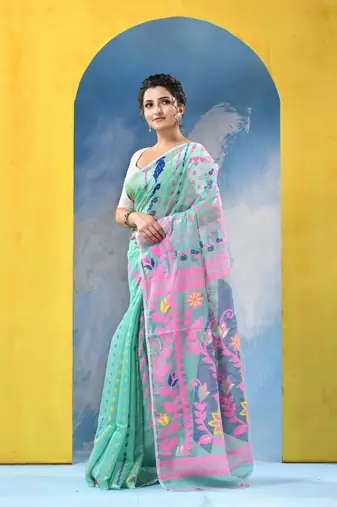 Green Resham Dhakai Jamdani Cotton Handloom Saree Sunflower Design Jamdani Saree Without Blouse