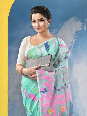 Green Resham Dhakai Jamdani Cotton Handloom Saree Sunflower Design Jamdani Saree Without Blouse 4