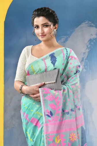 Green Resham Dhakai Jamdani Cotton Handloom Saree Sunflower Design Jamdani Saree Without Blouse