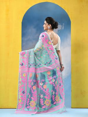 Green Resham Dhakai Jamdani Cotton Handloom Saree Sunflower Design Jamdani Saree Without Blouse 5
