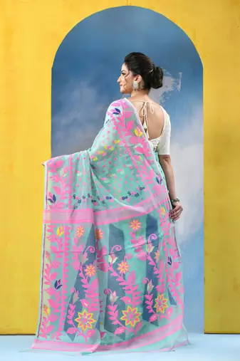 Green Resham Dhakai Jamdani Cotton Handloom Saree Sunflower Design Jamdani Saree Without Blouse