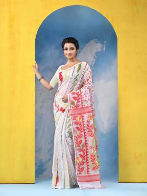 White Resham Dhakai Jamdani Cotton Handloom Saree Sunflower Design Jamdani Saree Without Blouse 1