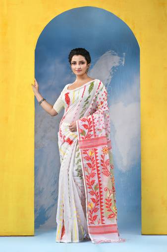 White Resham Dhakai Jamdani Cotton Handloom Saree Sunflower Design Jamdani Saree Without Blouse