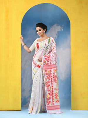 White Resham Dhakai Jamdani Cotton Handloom Saree Sunflower Design Jamdani Saree Without Blouse 2