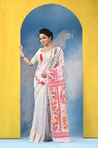 White Resham Dhakai Jamdani Cotton Handloom Saree Sunflower Design Jamdani Saree Without Blouse