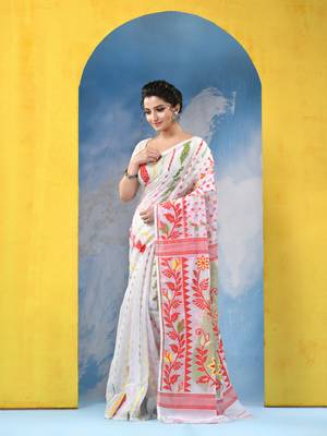 White Resham Dhakai Jamdani Cotton Handloom Saree Sunflower Design Jamdani Saree Without Blouse 3