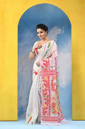White Resham Dhakai Jamdani Cotton Handloom Saree Sunflower Design Jamdani Saree Without Blouse