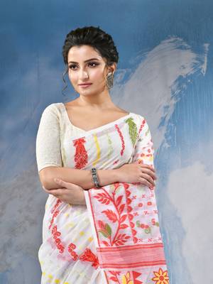 White Resham Dhakai Jamdani Cotton Handloom Saree Sunflower Design Jamdani Saree Without Blouse 4