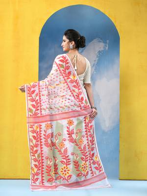 White Resham Dhakai Jamdani Cotton Handloom Saree Sunflower Design Jamdani Saree Without Blouse 5
