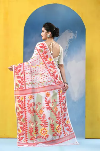 White Resham Dhakai Jamdani Cotton Handloom Saree Sunflower Design Jamdani Saree Without Blouse