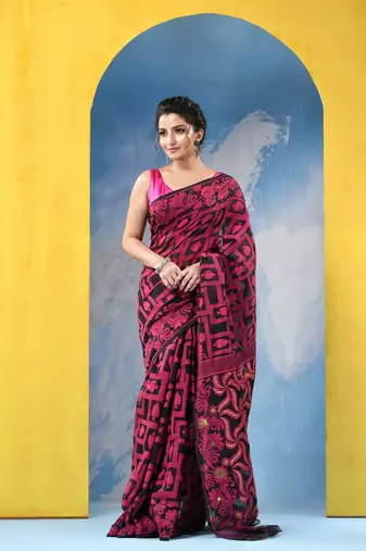 Black Resham Dhakai Jamdani Cotton Handloom Saree Playing Card Design Jamdani Saree Without Blouse