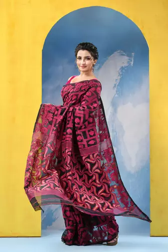 Black Resham Dhakai Jamdani Cotton Handloom Saree Playing Card Design Jamdani Saree Without Blouse