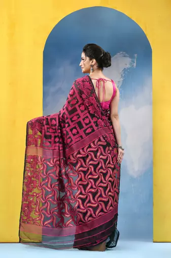 Black Resham Dhakai Jamdani Cotton Handloom Saree Playing Card Design Jamdani Saree Without Blouse