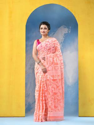 Orange Resham Dhakai Jamdani Cotton Handloom Saree Playing Card Design Jamdani Saree Without Blouse 1