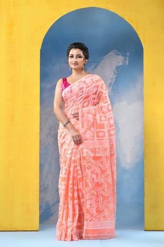 Orange Resham Dhakai Jamdani Cotton Handloom Saree Playing Card Design Jamdani Saree Without Blouse