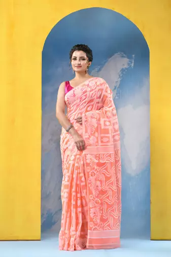 Orange Resham Dhakai Jamdani Cotton Handloom Saree Playing Card Design Jamdani Saree Without Blouse
