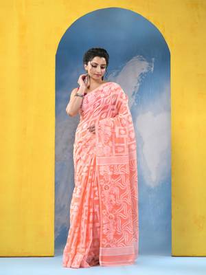 Orange Resham Dhakai Jamdani Cotton Handloom Saree Playing Card Design Jamdani Saree Without Blouse 2