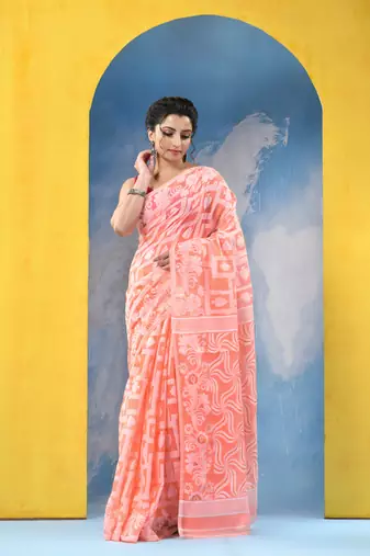 Orange Resham Dhakai Jamdani Cotton Handloom Saree Playing Card Design Jamdani Saree Without Blouse