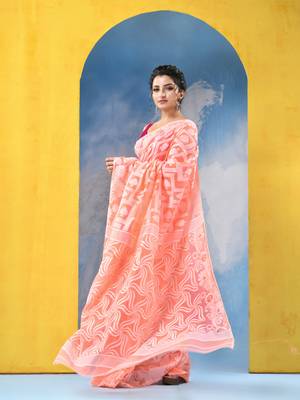 Orange Resham Dhakai Jamdani Cotton Handloom Saree Playing Card Design Jamdani Saree Without Blouse 3