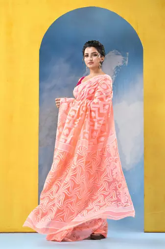 Orange Resham Dhakai Jamdani Cotton Handloom Saree Playing Card Design Jamdani Saree Without Blouse
