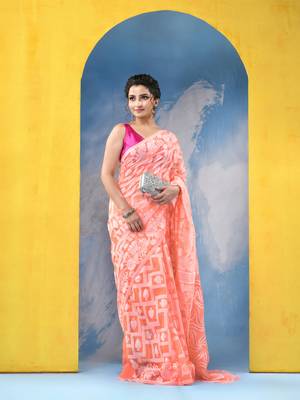 Orange Resham Dhakai Jamdani Cotton Handloom Saree Playing Card Design Jamdani Saree Without Blouse 4