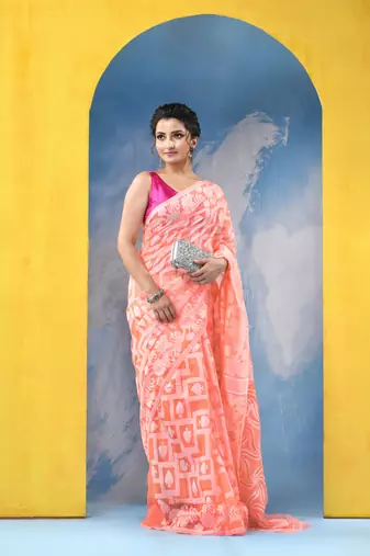 Orange Resham Dhakai Jamdani Cotton Handloom Saree Playing Card Design Jamdani Saree Without Blouse