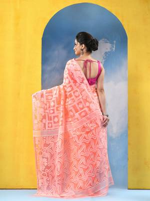 Orange Resham Dhakai Jamdani Cotton Handloom Saree Playing Card Design Jamdani Saree Without Blouse 5