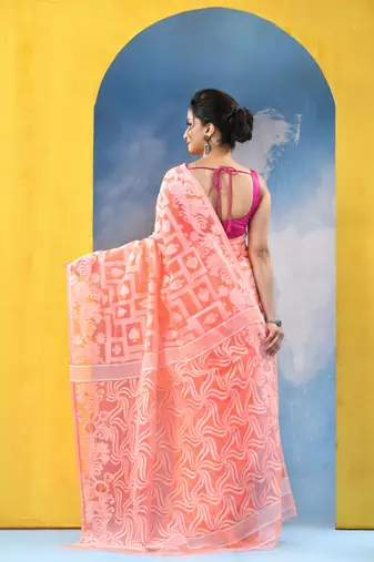 Orange Resham Dhakai Jamdani Cotton Handloom Saree Playing Card Design Jamdani Saree Without Blouse