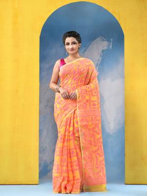 Yellow Resham Dhakai Jamdani Cotton Handloom Saree Playing Card Design Jamdani Saree Without Blouse 1
