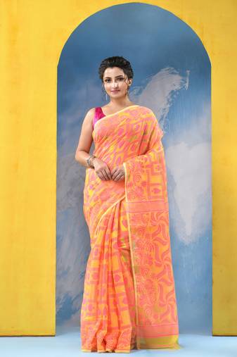 Yellow Resham Dhakai Jamdani Cotton Handloom Saree Playing Card Design Jamdani Saree Without Blouse