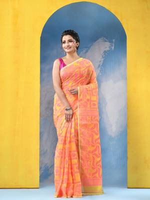 Yellow Resham Dhakai Jamdani Cotton Handloom Saree Playing Card Design Jamdani Saree Without Blouse 2