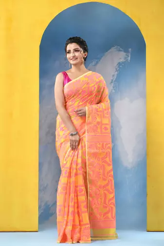 Yellow Resham Dhakai Jamdani Cotton Handloom Saree Playing Card Design Jamdani Saree Without Blouse
