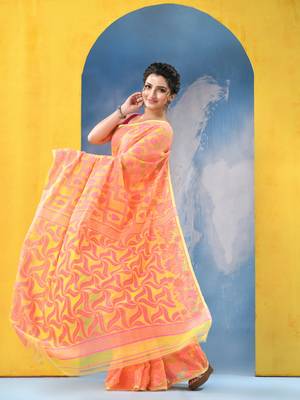 Yellow Resham Dhakai Jamdani Cotton Handloom Saree Playing Card Design Jamdani Saree Without Blouse 3