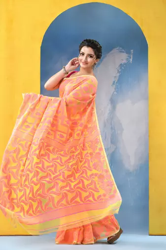 Yellow Resham Dhakai Jamdani Cotton Handloom Saree Playing Card Design Jamdani Saree Without Blouse