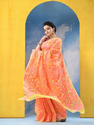 Yellow Resham Dhakai Jamdani Cotton Handloom Saree Playing Card Design Jamdani Saree Without Blouse 4