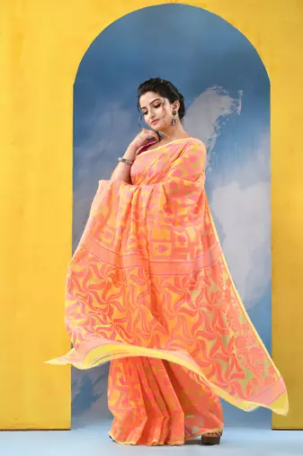 Yellow Resham Dhakai Jamdani Cotton Handloom Saree Playing Card Design Jamdani Saree Without Blouse